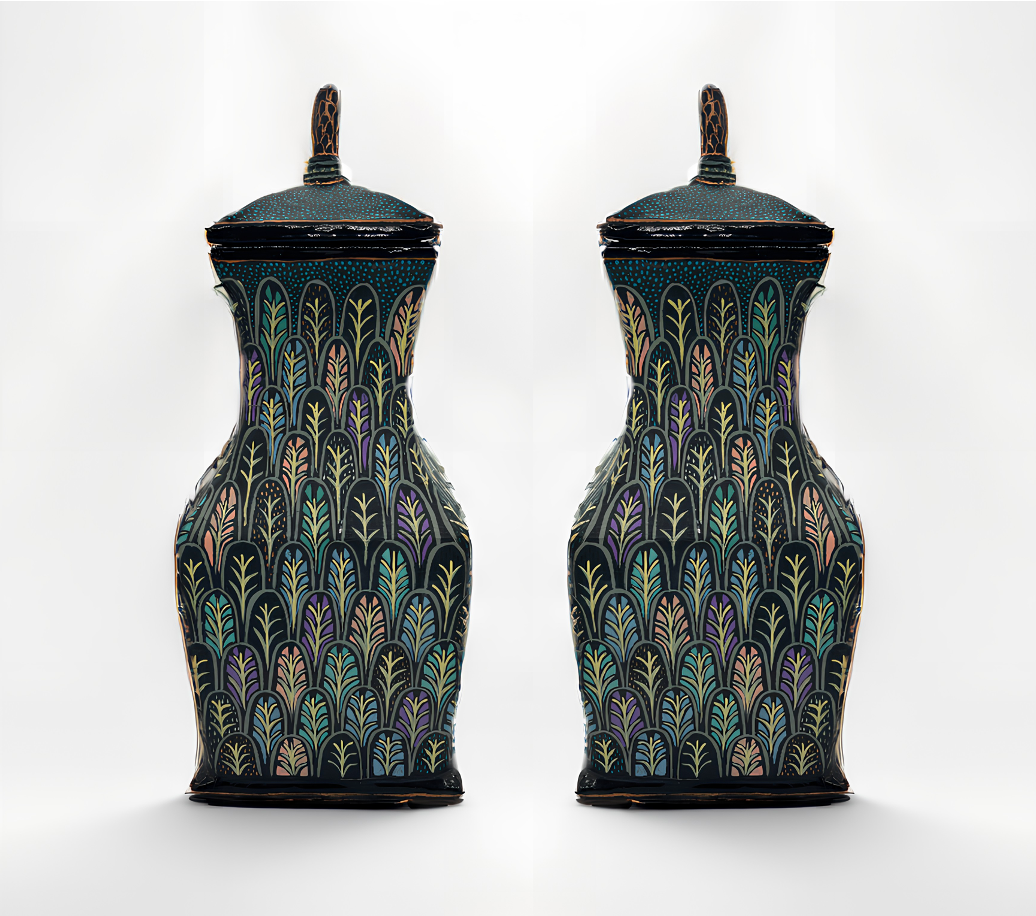 Hand-Painted Papier Mâché Pair of Jars with Leaf Motif