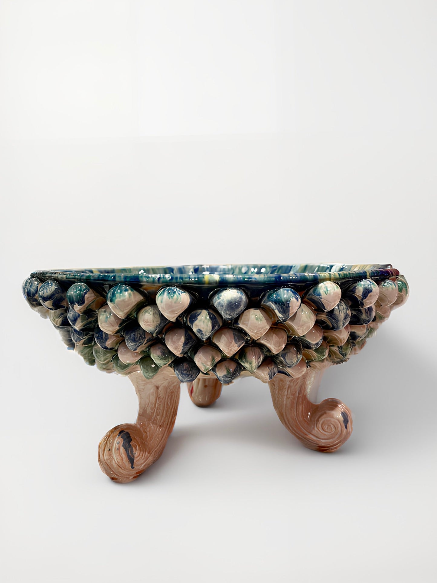 Three-Footed Pedestal Sicilian Pine Cone Bowl, Blue | Green Swirl