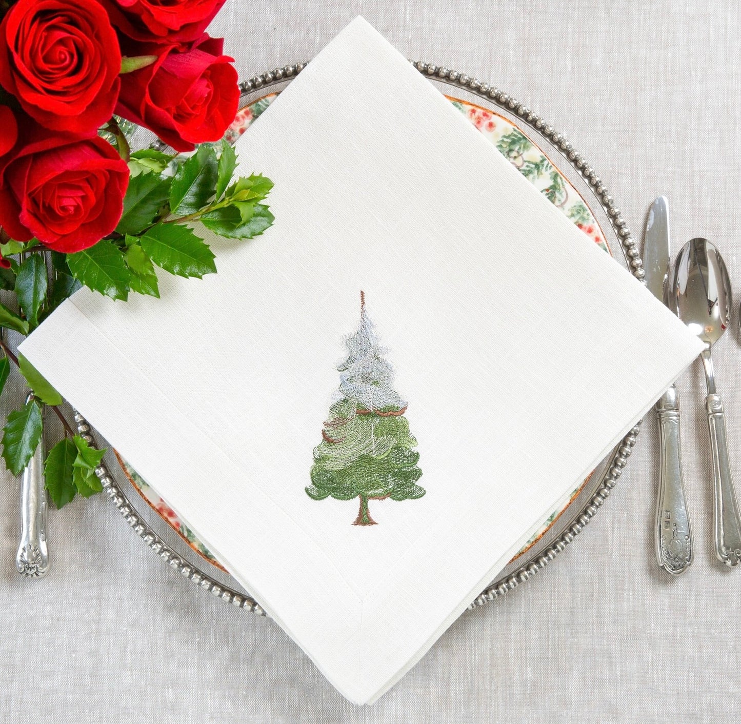 Snowy Pine Embroidered Linen Square Napkin