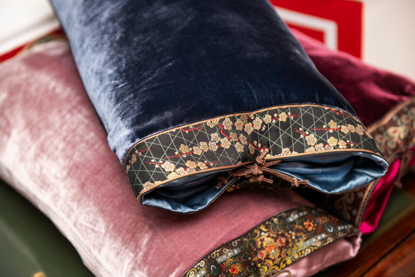 Silk Velvet Lumbar Cushion, Blue