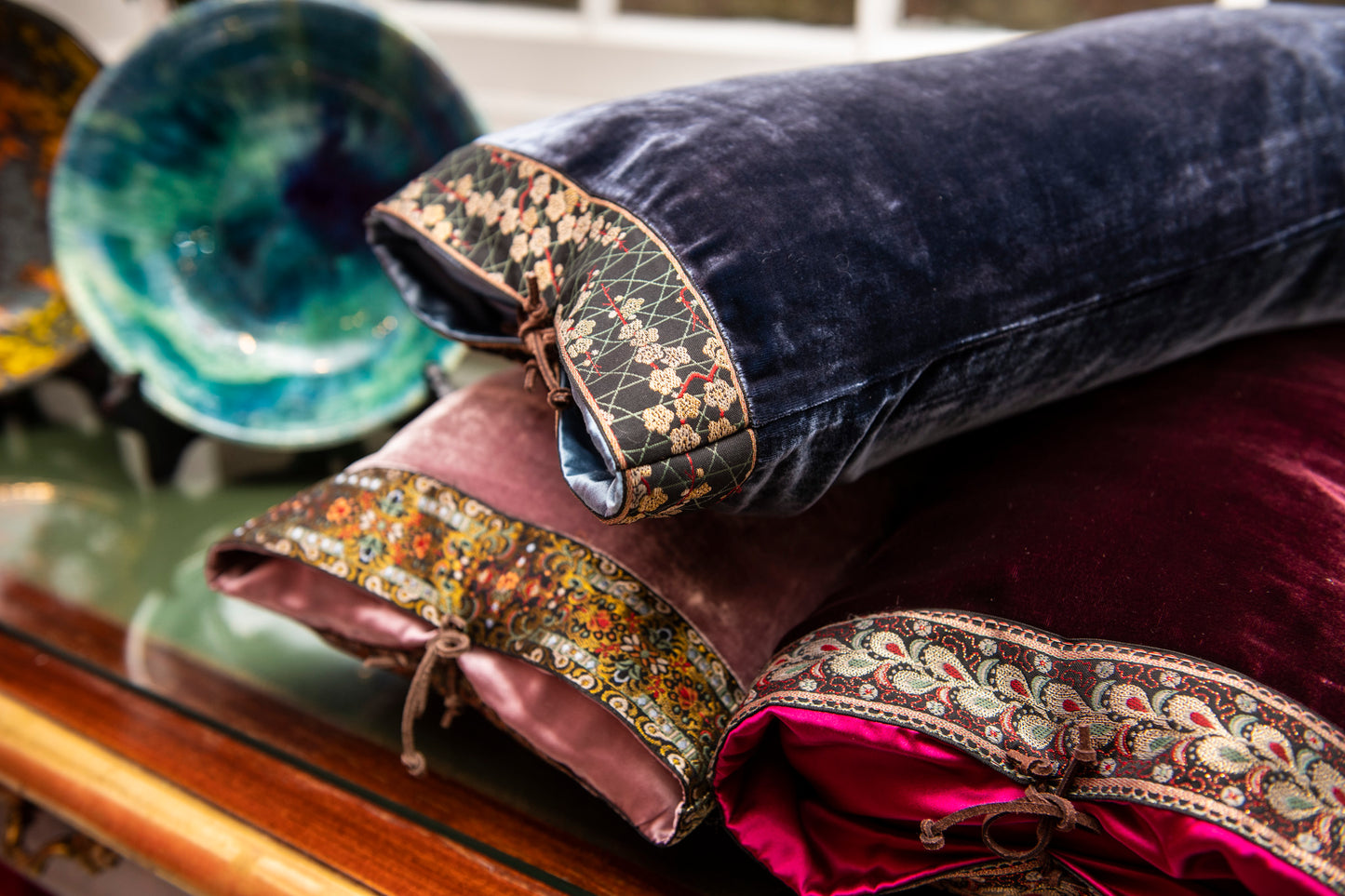 Silk Velvet Lumbar Cushion, Blue