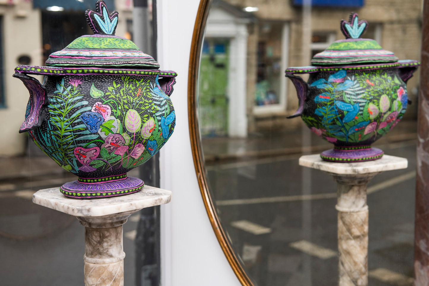 Hand-Painted Papier Mâché Tureen with Sculptural Handles