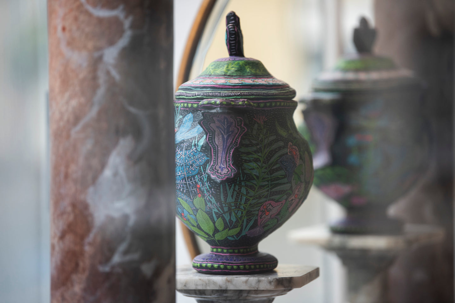 Hand-Painted Papier Mâché Tureen with Sculptural Handles