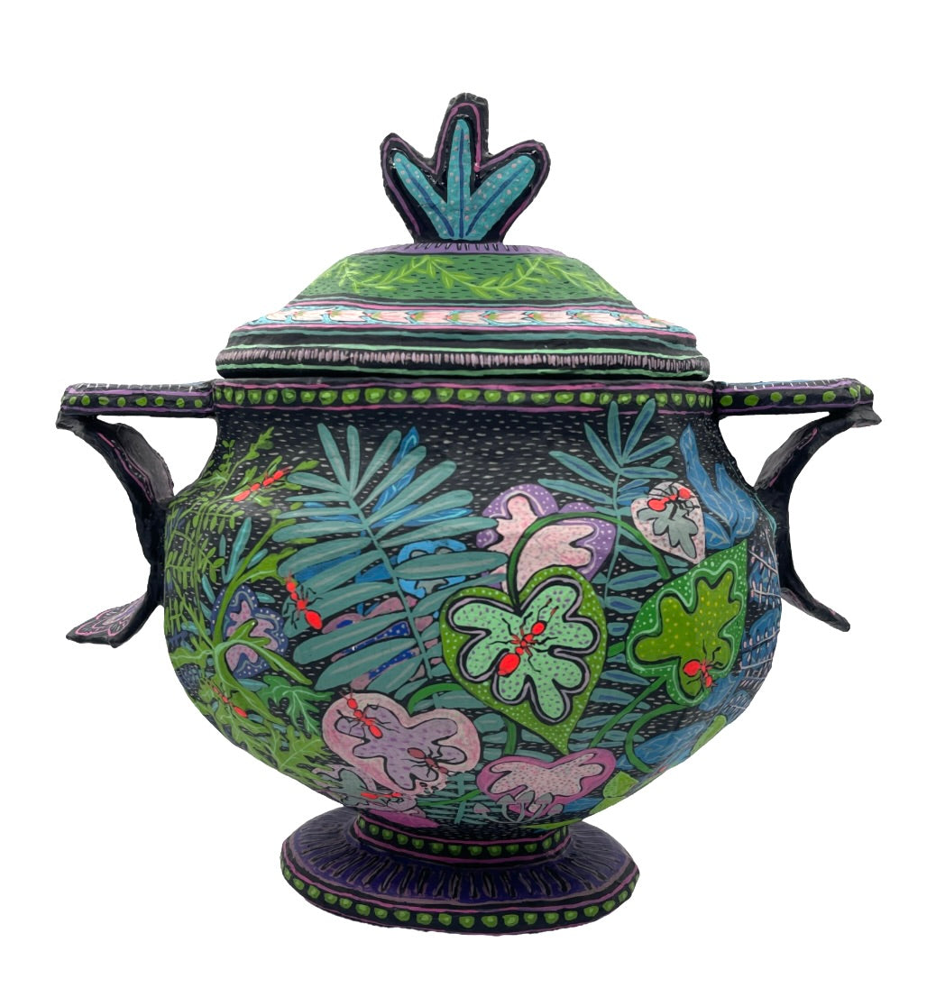 Hand-Painted Papier Mâché Tureen with Sculptural Handles