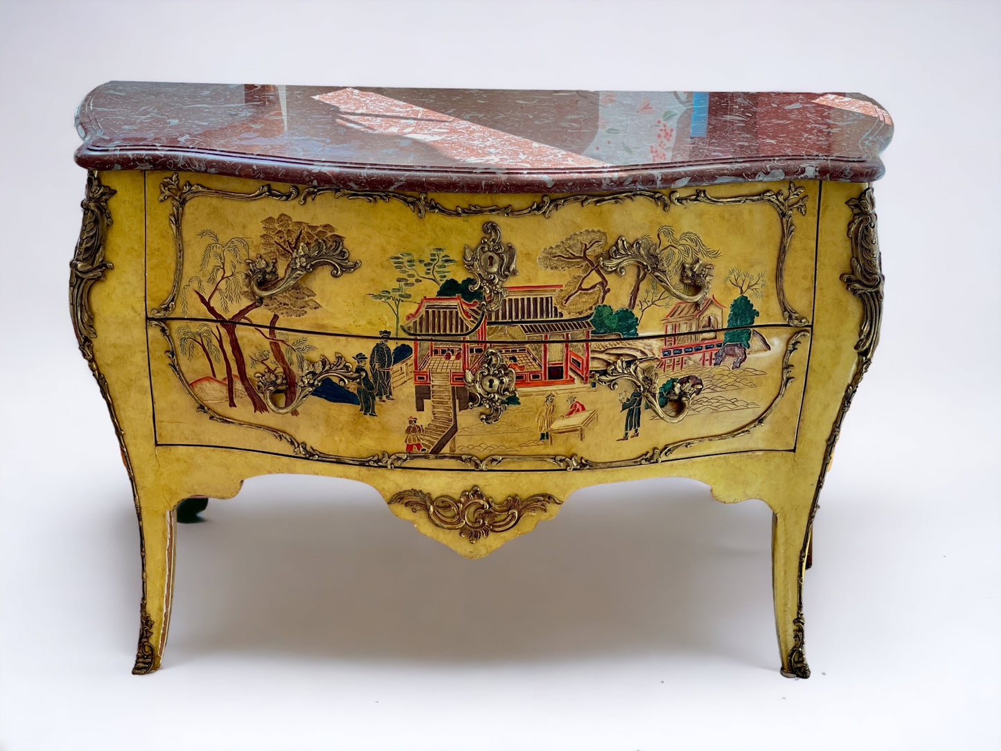 20th Century Louis XV-style Chinoiserie Commode with Marble Top