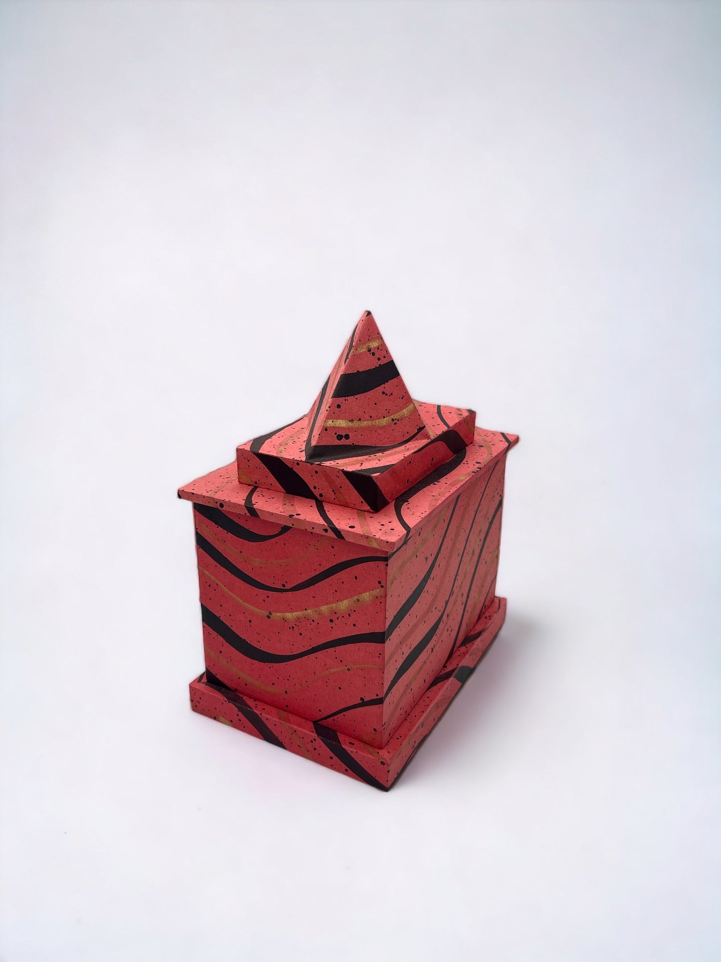 Unique Hand-Painted Pyramidal Decorative Box, Red Stripe