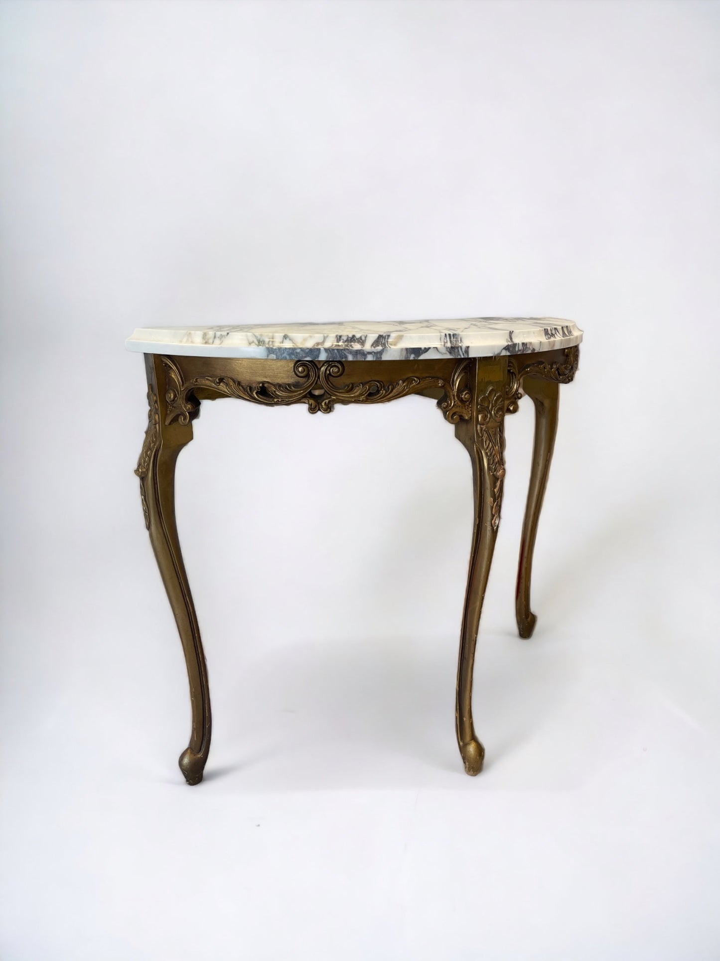 Ornate carved Gilt Demi Lune Console Table with Marble Top