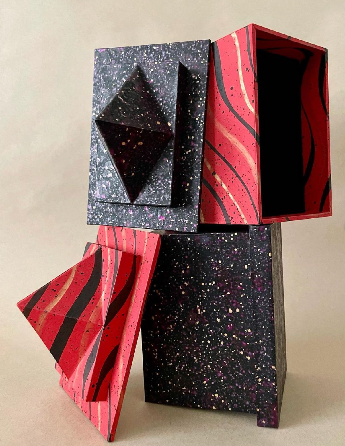 Unique Hand-Painted Pyramidal Decorative Box, Red Stripe