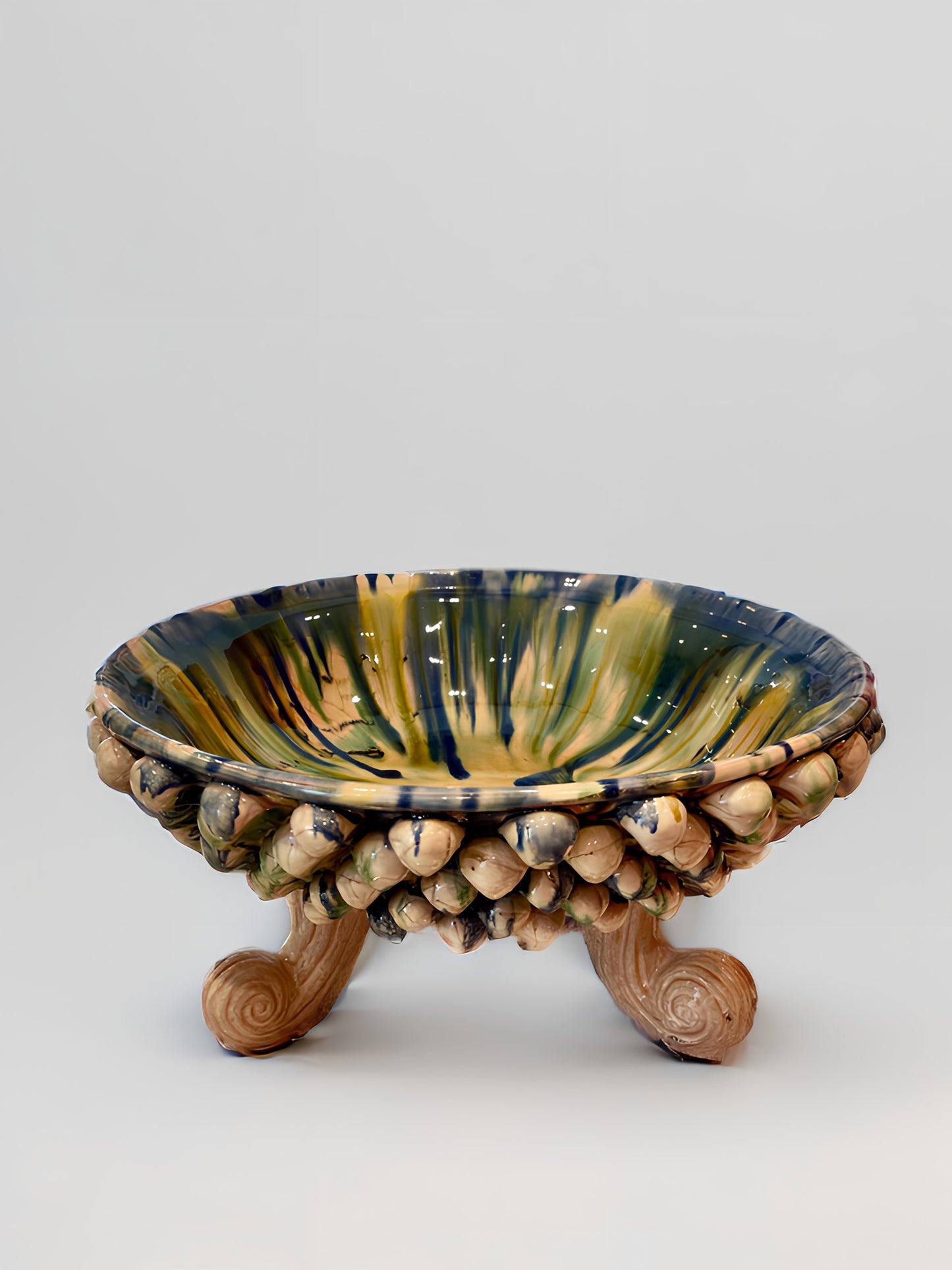 Three-Footed Sicilian Pine Cone Bowl | Blue Yellow Swirl