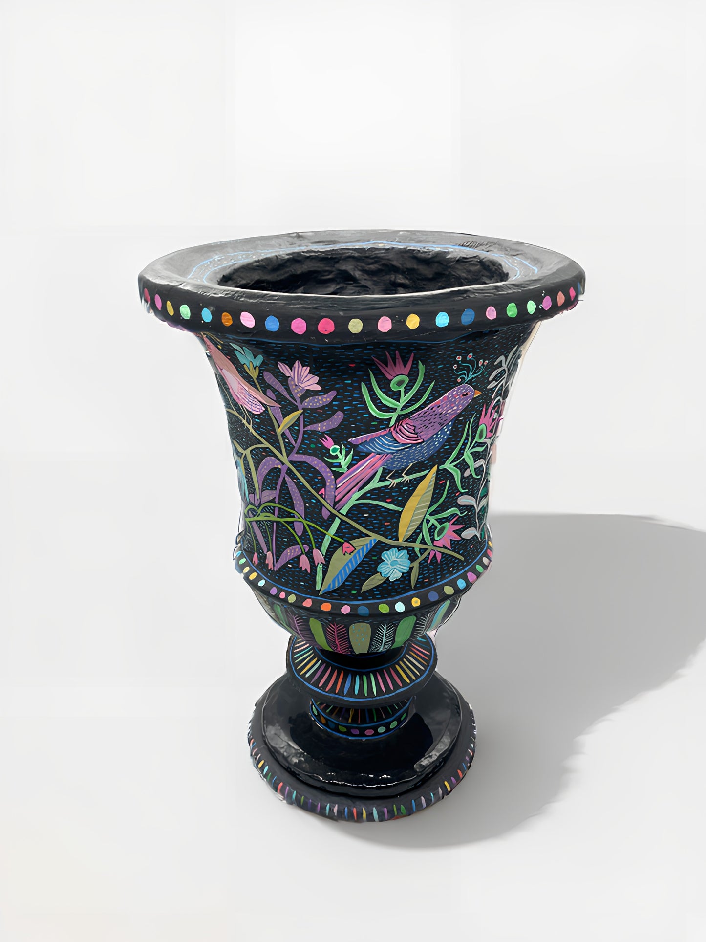 Hand-Painted Papier Mâché Urn with Floral and Avian Motif