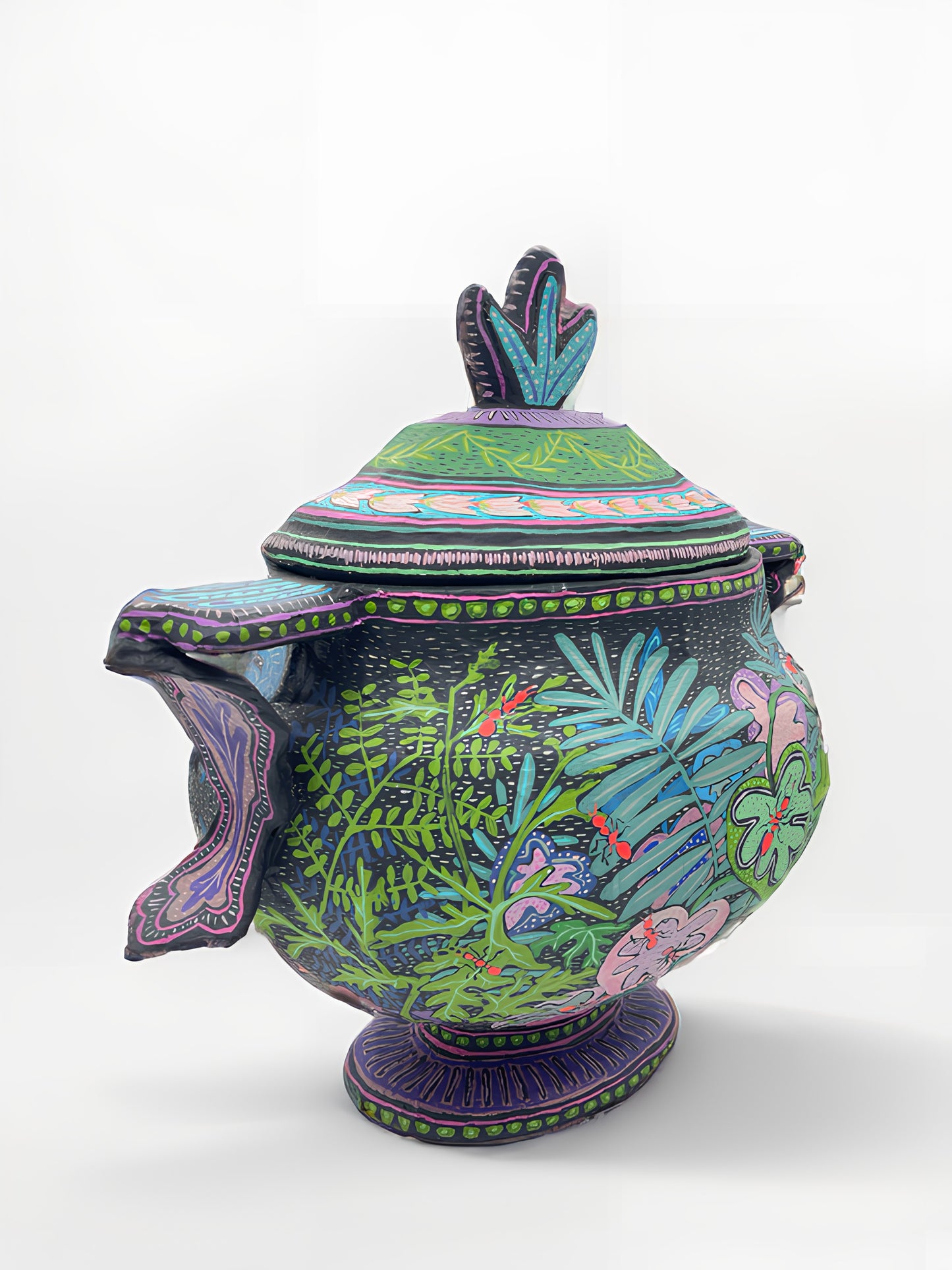 Hand-Painted Papier Mâché Tureen with Sculptural Handles