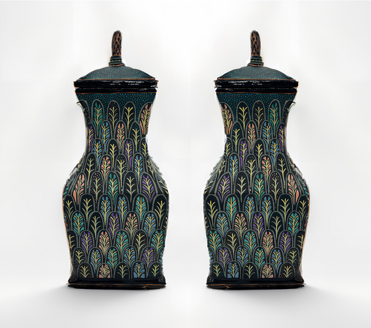 Hand-Painted Papier Mâché Pair of Jars with Leaf Motif