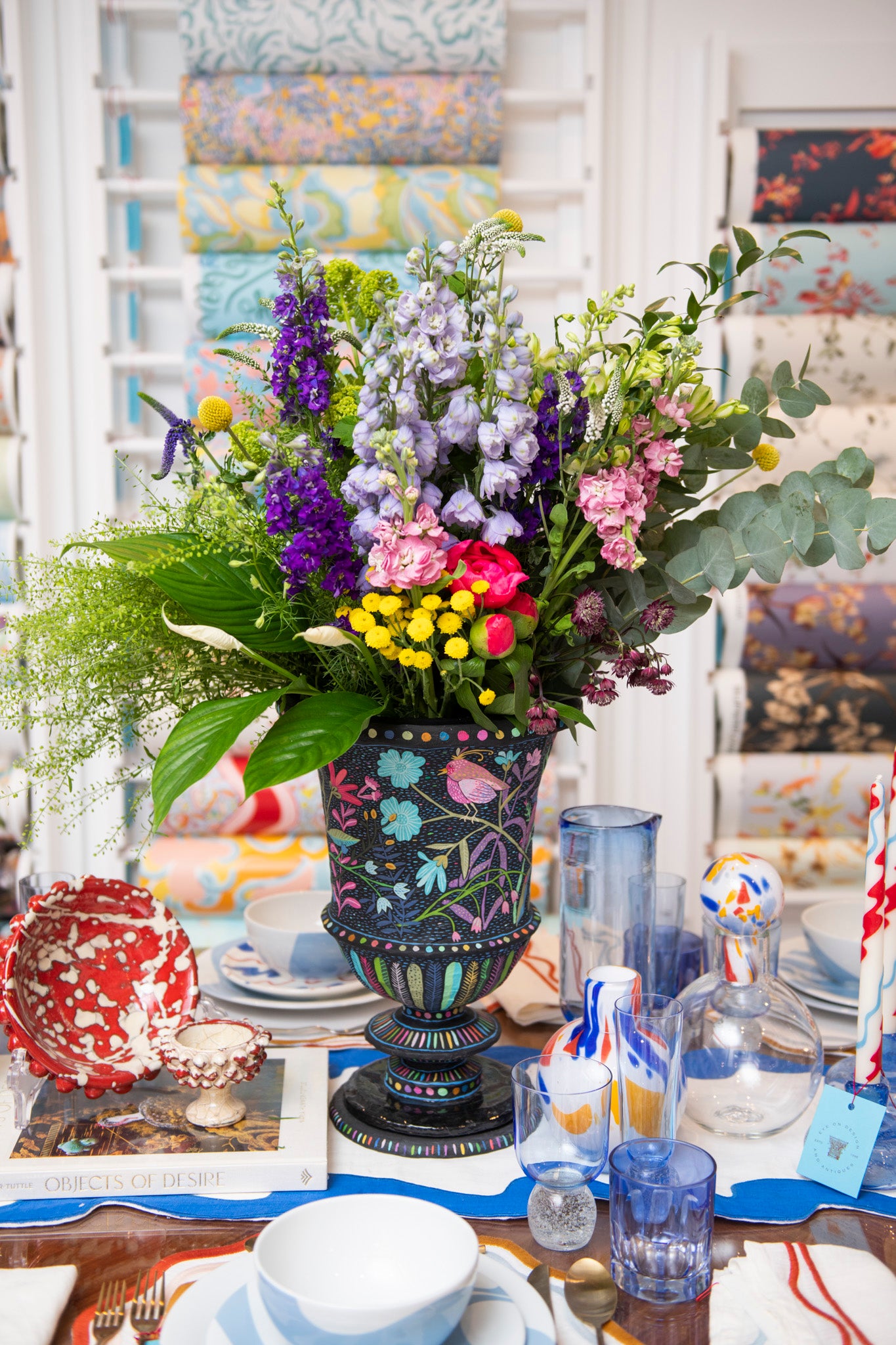 Hand-Painted Papier Mâché Urn with Floral and Avian Motif