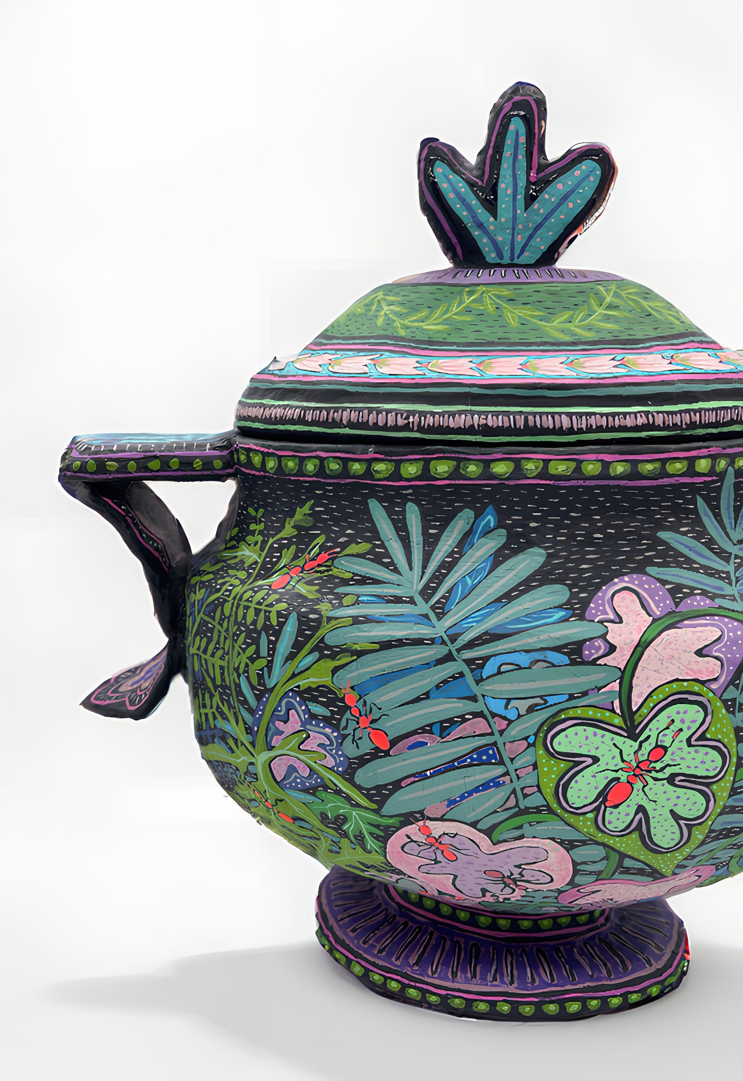 Hand-Painted Papier Mâché Tureen with Sculptural Handles